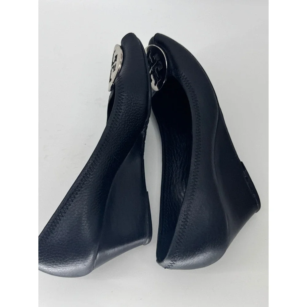 Tory Burch Wedge Heels Women 5 Black Leather Peep Toe Logo Medallion